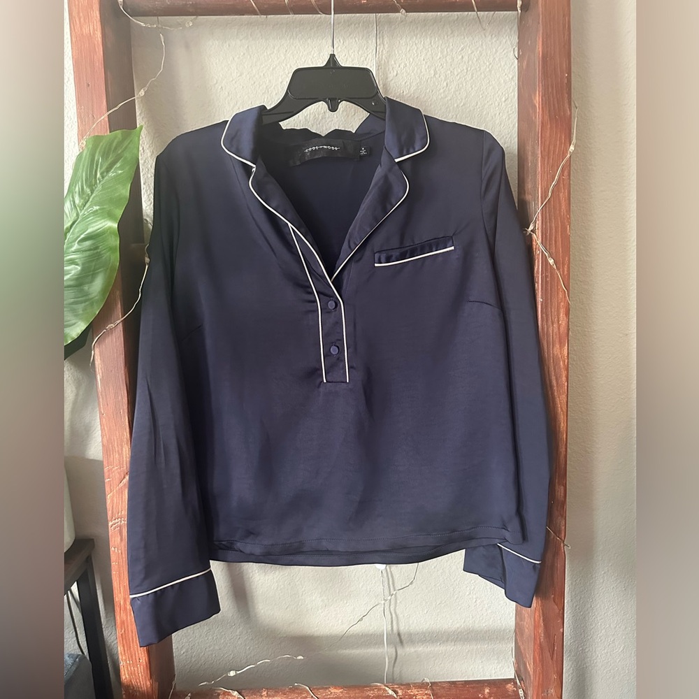code x mode - Navy Blue Silky Women's Blouse with White Trim